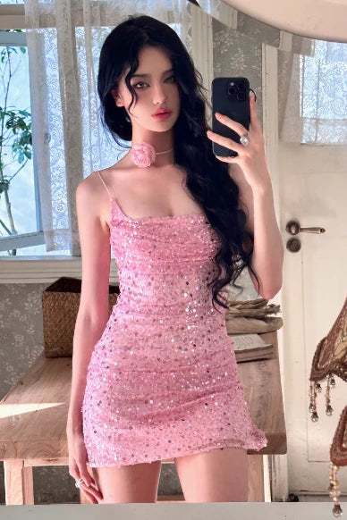 Pink Sequins Spaghetti Straps Bodycon Mini Party Homecoming Dress