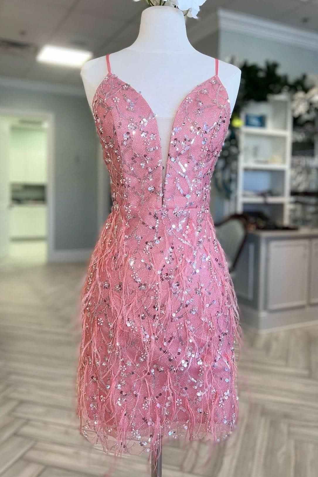 Pink Sheath Plunge V-Neck Sequin And Feather Mini Homecoming Dress
