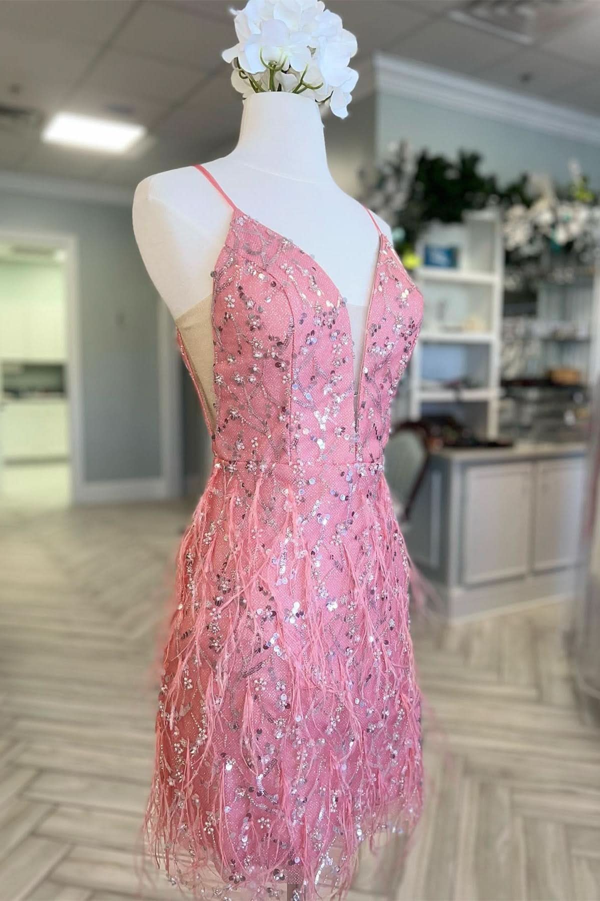 Pink Sheath Plunge V-Neck Sequin And Feather Mini Homecoming Dress