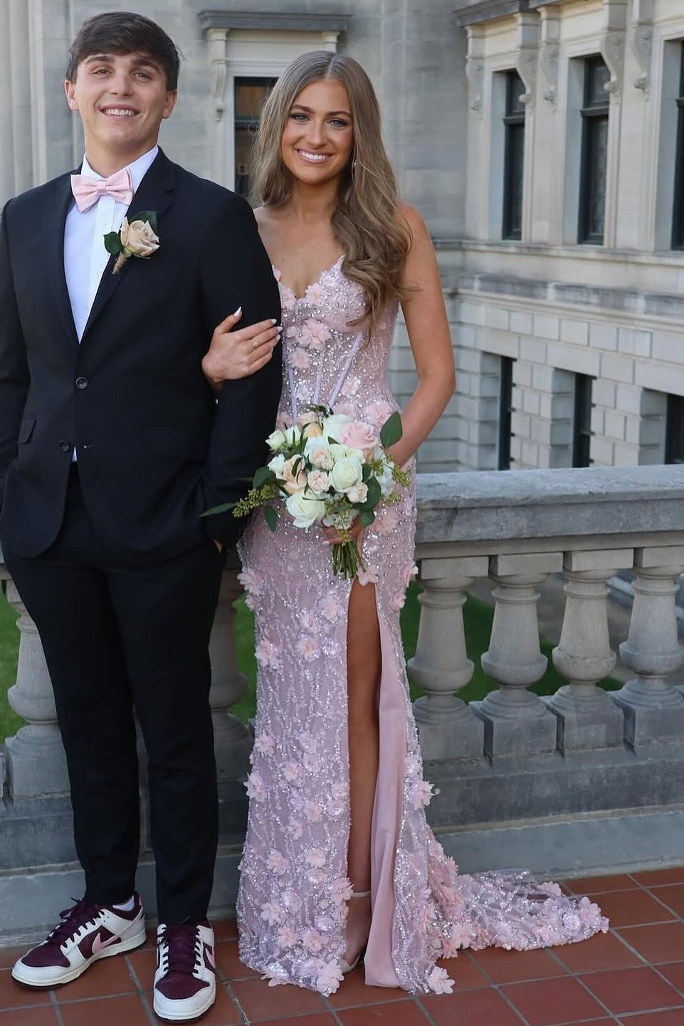 Pink Spaghetti Straps 3D Floral Mermaid Glitter Party Prom Dress