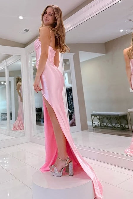 Pink Spaghetti Straps Beaded Empire Mermaid Party Prom Dress