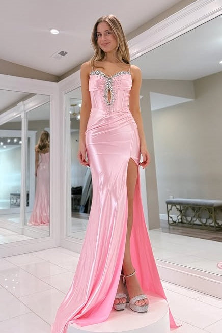 Pink Spaghetti Straps Beaded Empire Mermaid Party Prom Dress