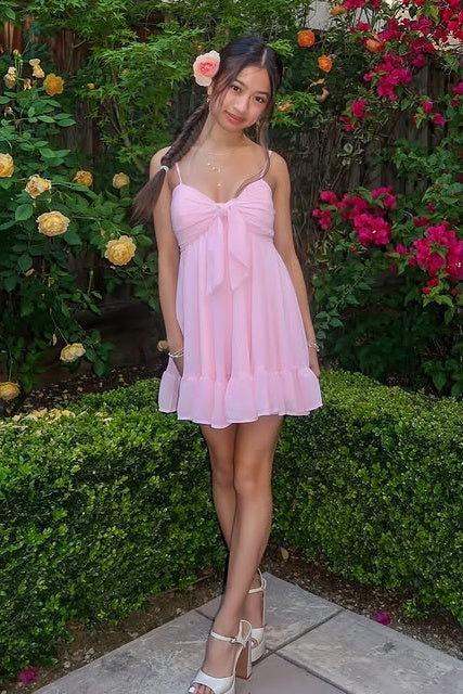 Pink Spaghetti Straps Chiffon A-Line Empire Mini Homecoming Dress