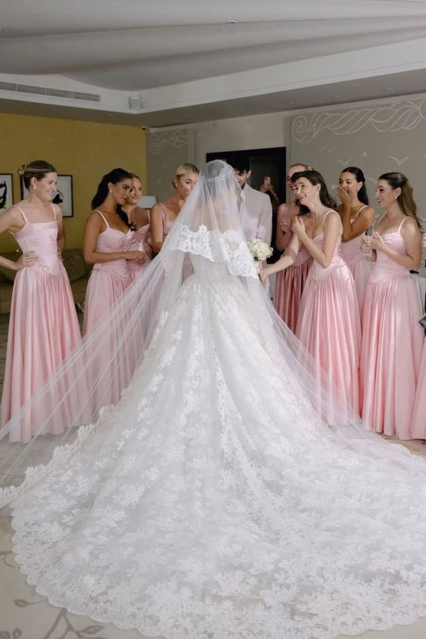 Pink Spaghetti Straps Satin A-Line Long Appliques Bridesmaid Dress