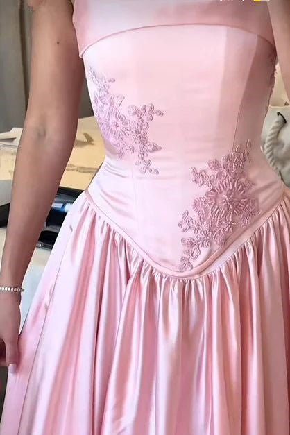 Pink Spaghetti Straps Satin A-Line Long Appliques Bridesmaid Dress