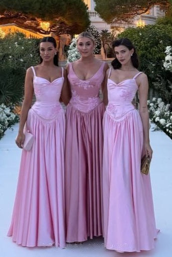 Pink Spaghetti Straps Satin A-Line Long Appliques Bridesmaid Dress