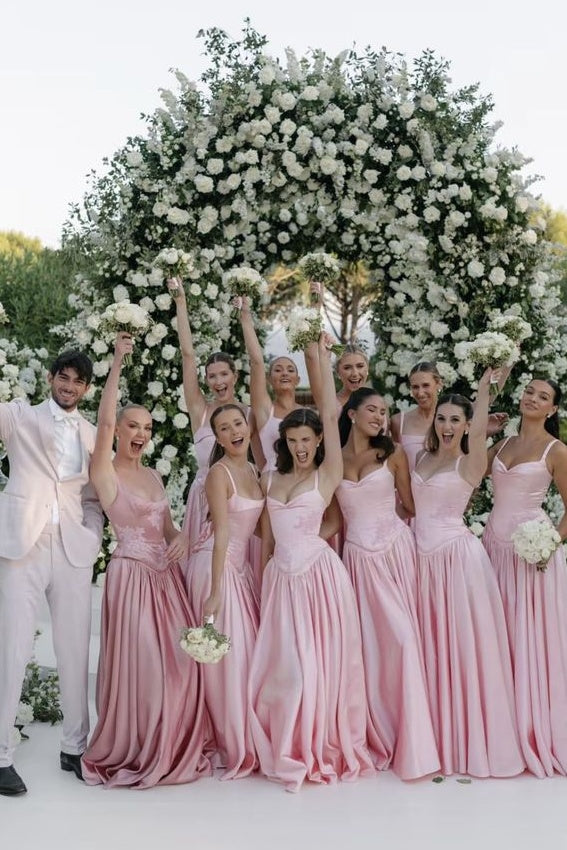 Pink Spaghetti Straps Satin A-Line Long Appliques Bridesmaid Dress