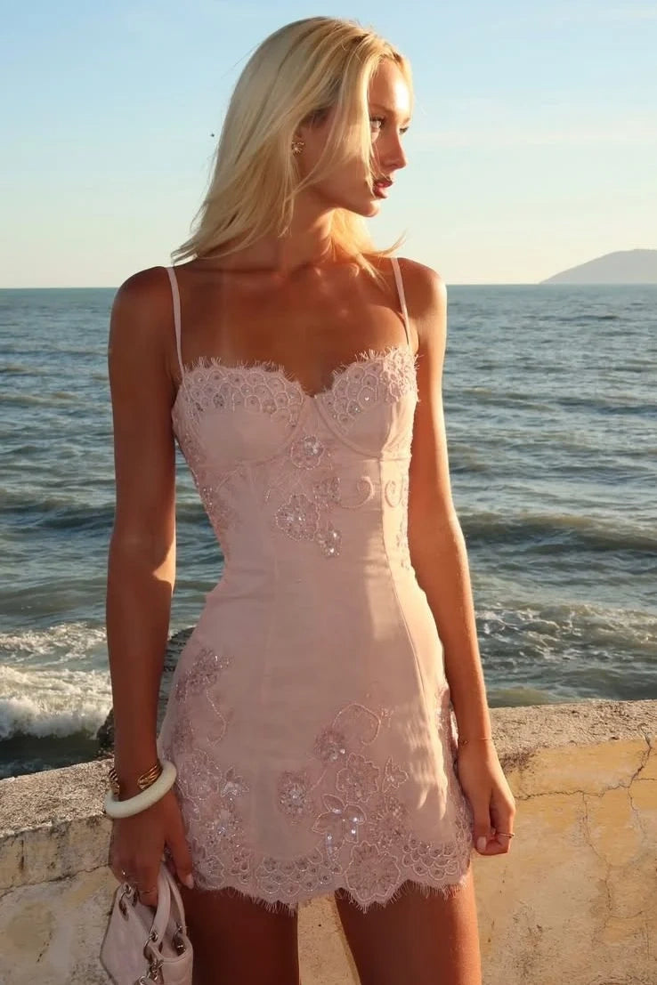 Pink Spaghetti Straps Sheath Lace Appliques Satin Holiday Homecoming Dress
