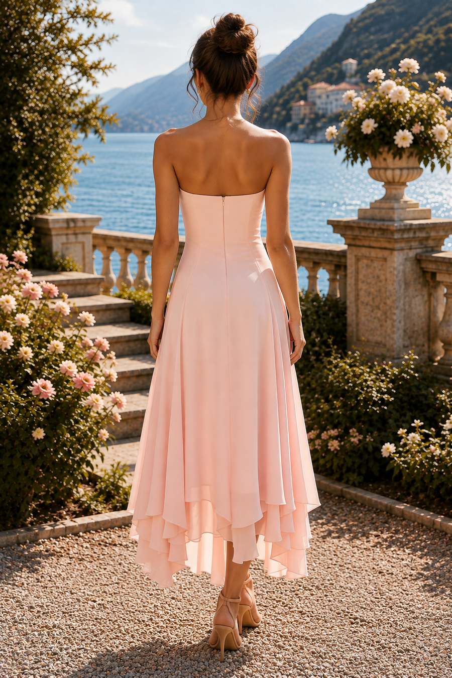 Pink Strapless A-Line Zipped Chiffon Midi Bridesmaid Dress