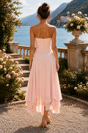 Pink Strapless A-Line Zipped Chiffon Midi Bridesmaid Dress