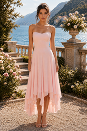 Pink Strapless A-Line Zipped Chiffon Midi Bridesmaid Dress