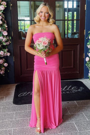 Pink Strapless Empire Pleated Floor-Length Party Prom Dress