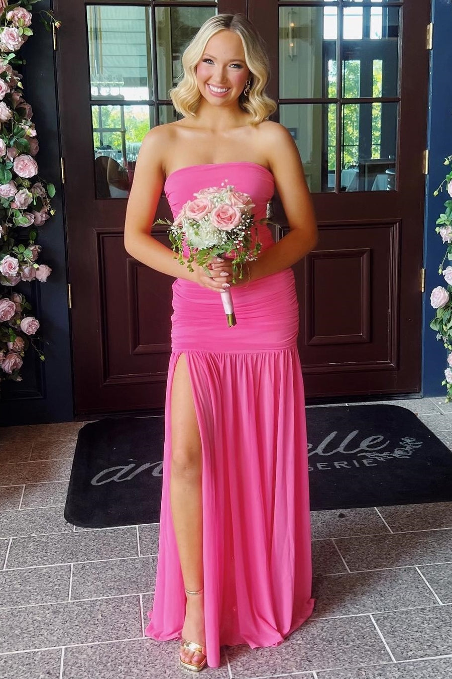 Pink Strapless Empire Pleated Floor-Length Party Prom Dress