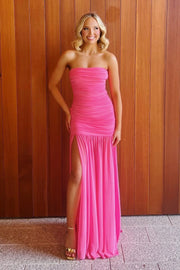 Pink Strapless Empire Pleated Floor-Length Party Prom Dress