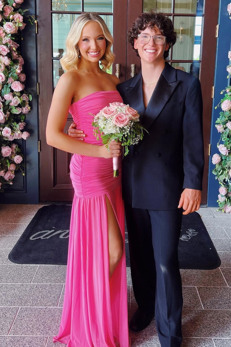 Pink Strapless Empire Pleated Floor-Length Party Prom Dress