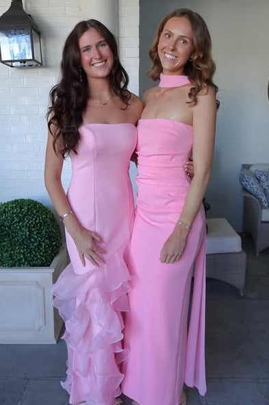 Pink Strapless Empire Satin Party Prom Dress With Tulle Ruffle