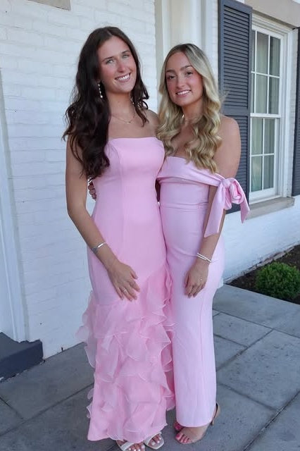 Pink Strapless Empire Satin Party Prom Dress With Tulle Ruffle