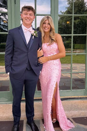 Pink Strapless Lace Up Sequins Party Prom Dress With Slit