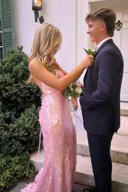 Pink Strapless Lace Up Sequins Party Prom Dress With Slit