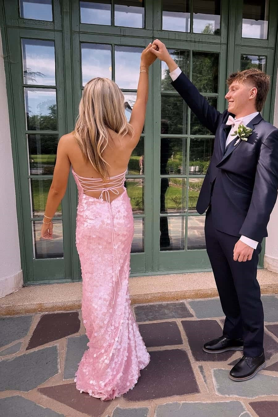 Pink Strapless Lace Up Sequins Party Prom Dress With Slit