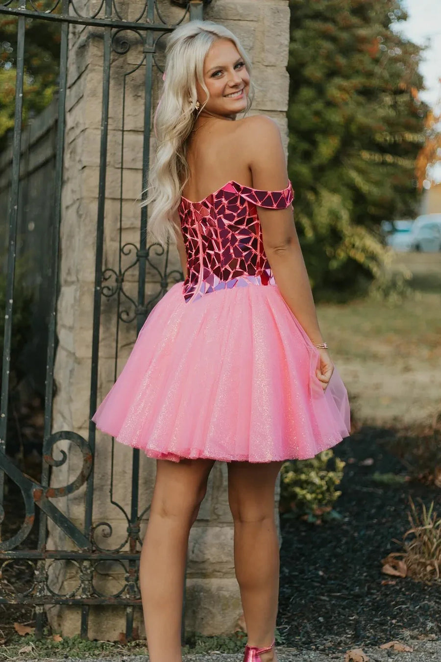Pink Sweetheart Off-Shoulder Beaded Empire A-Line Homecoming Dress Pink Sweetheart Off-Shoulder Beaded Empire A-Line Homecoming Dress