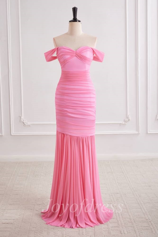 Pink Sweetheart Off-Shoulder Ruched Sheer Chiffon Prom Party Dress