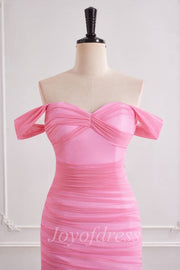 Pink Sweetheart Off-Shoulder Ruched Sheer Chiffon Prom Party Dress