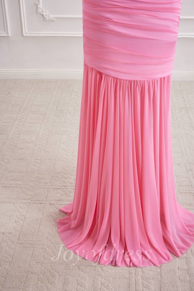 Pink Sweetheart Off-Shoulder Ruched Sheer Chiffon Prom Party Dress