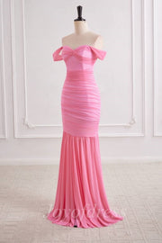 Pink Sweetheart Off-Shoulder Ruched Sheer Chiffon Prom Party Dress
