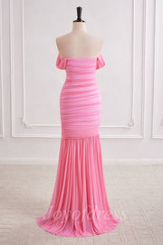 Pink Sweetheart Off-Shoulder Ruched Sheer Chiffon Prom Party Dress
