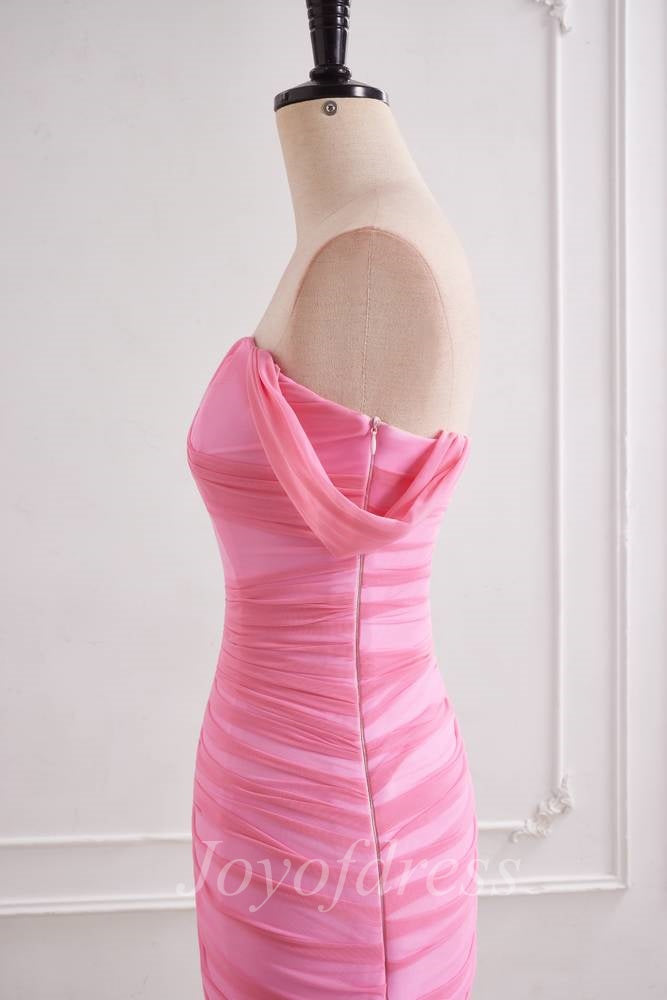 Pink Sweetheart Off-Shoulder Ruched Sheer Chiffon Prom Party Dress