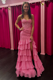 Pink Sweetheart Sleeveless A-Line Two Tone Tiered Party Prom Dress