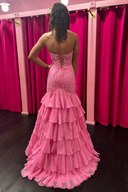 Pink Sweetheart Sleeveless A-Line Two Tone Tiered Party Prom Dress
