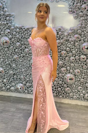 Pink Sweetheart Sleeveless Floral Appliques Satin Mermaid Prom Dress