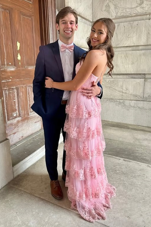 Pink Sweetheart Sleeveless Lace A-Line Tiered Prom Dress