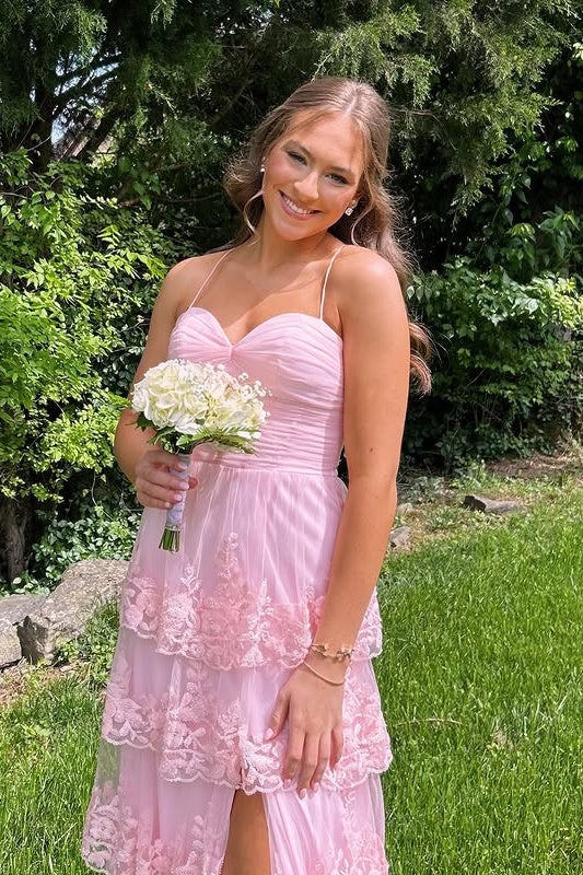 Pink Sweetheart Sleeveless Lace A-Line Tiered Prom Dress