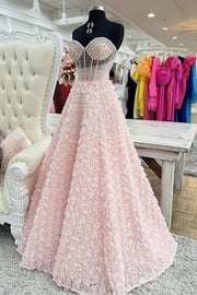 Pink Sweetheart Sleeveless Sheer Empire Floral Prom Dress