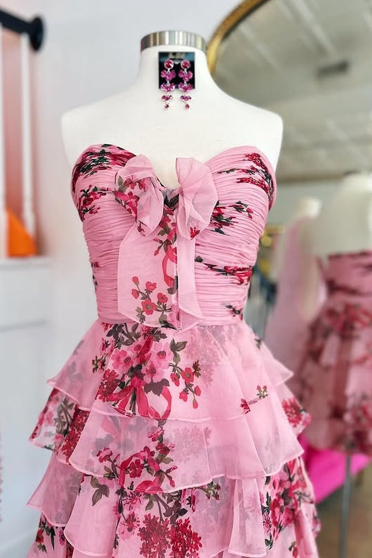 Pink Sweetheart Sleeveless Tiered A-Line Short Homecoming Dress