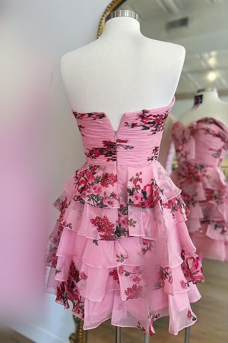 Pink Sweetheart Sleeveless Tiered A-Line Short Homecoming Dress