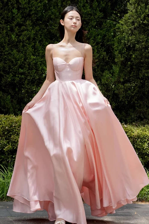 Pink Sweetheart Spaghetti Straps Satin A-Line Party Prom Dress