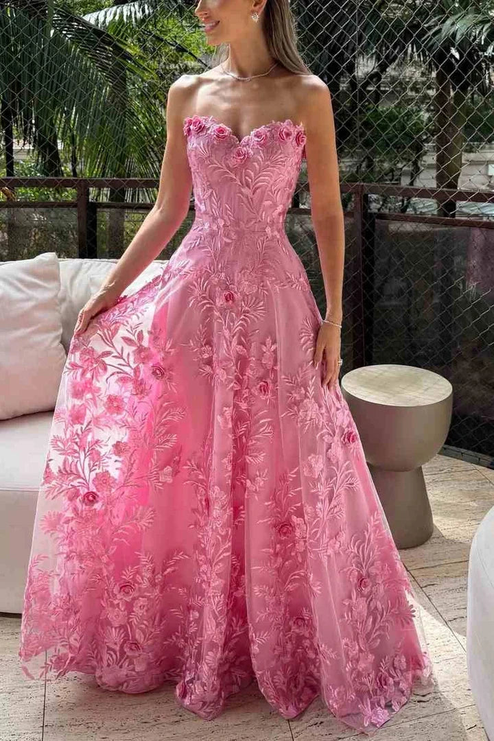 Pink Sweetheart Strapless Floral Lace A-Line Party Prom Dress