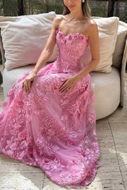 Pink Sweetheart Strapless Floral Lace A-Line Party Prom Dress