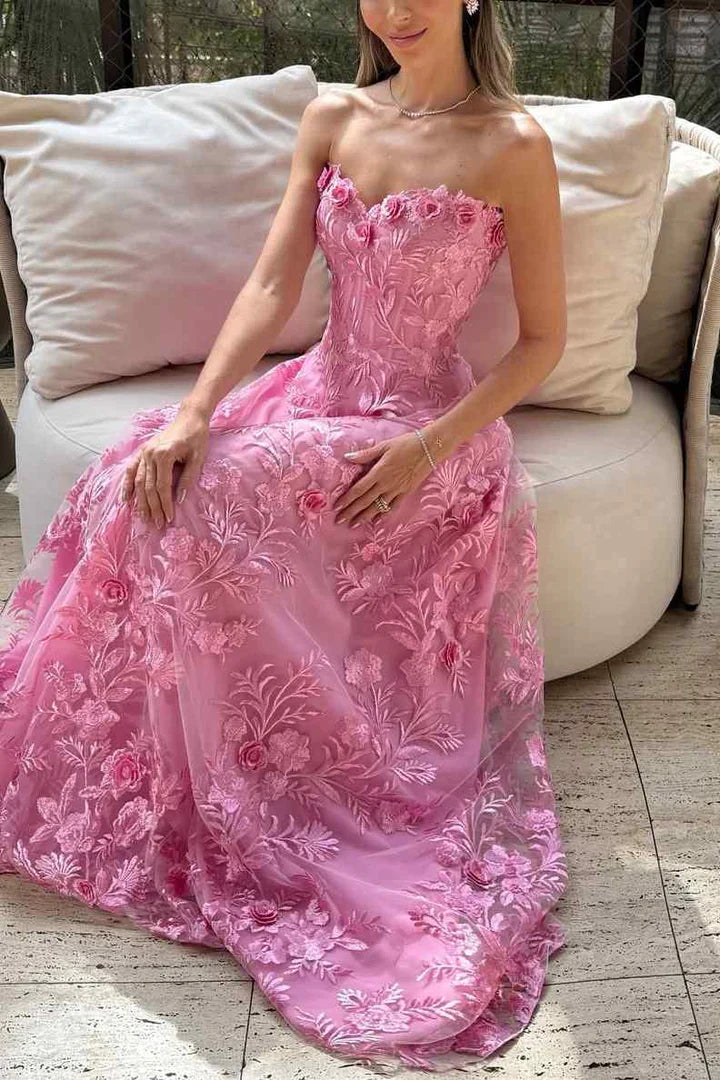 Pink Sweetheart Strapless Floral Lace A-Line Party Prom Dress