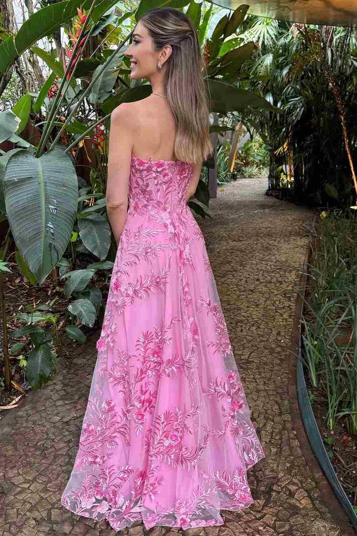Pink Sweetheart Strapless Floral Lace A-Line Party Prom Dress
