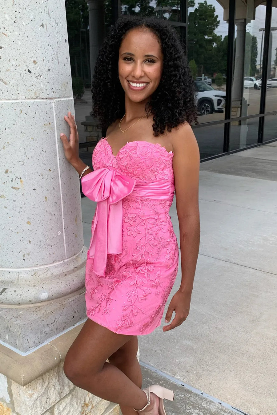 Pink Sweetheart Strapless Lace Fitted Short Homecoming Dress | Joyofdress Pink Sweetheart Strapless Lace Fitted Short Homecoming Dress | Joyofdress