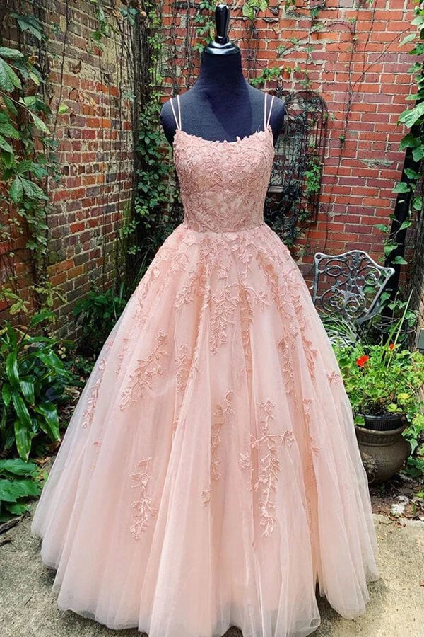 Pink Tulle A-Line Lace Appliques Bateau Modest Party Prom Dress