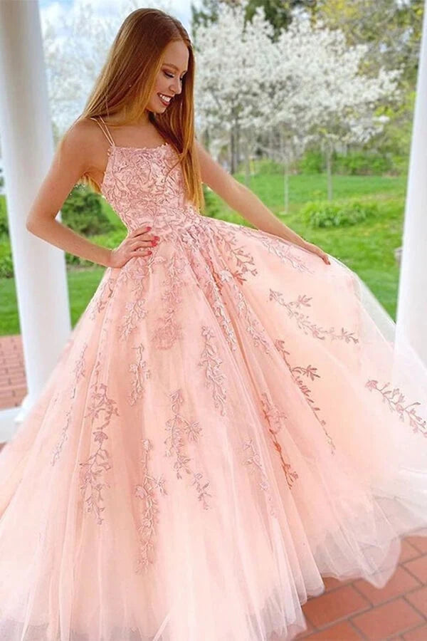 Pink Tulle A-Line Lace Appliques Bateau Modest Party Prom Dress