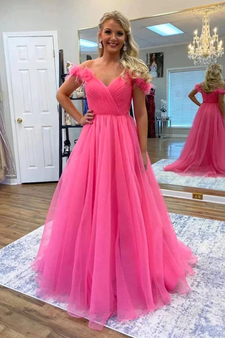 Pink Tulle A-Line Off-Shoulder Empire Long Party Prom Dress