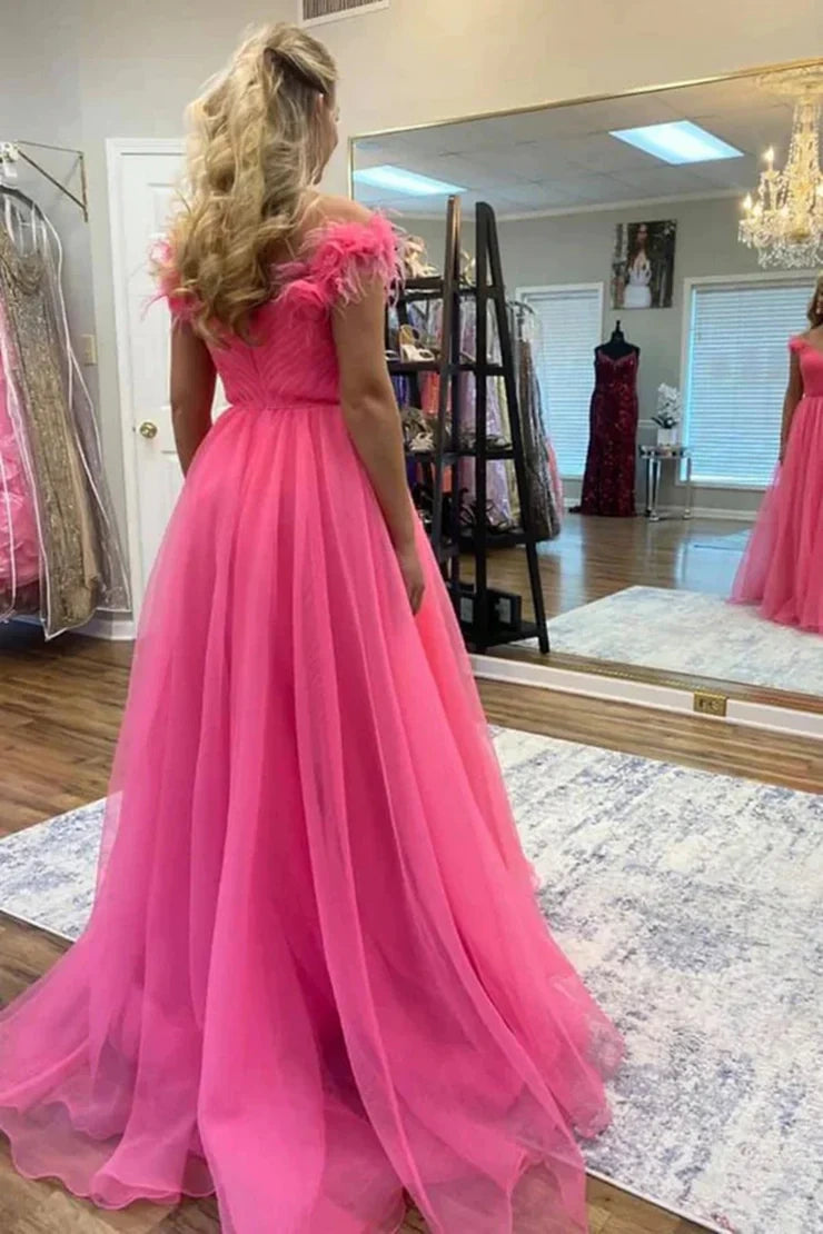 Pink Tulle A-Line Off-Shoulder Empire Long Party Prom Dress