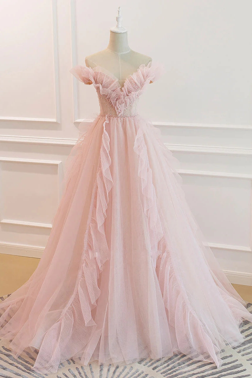Pink Tulle A-Line Off-Shoulder Ruffle Long Prom Dress
